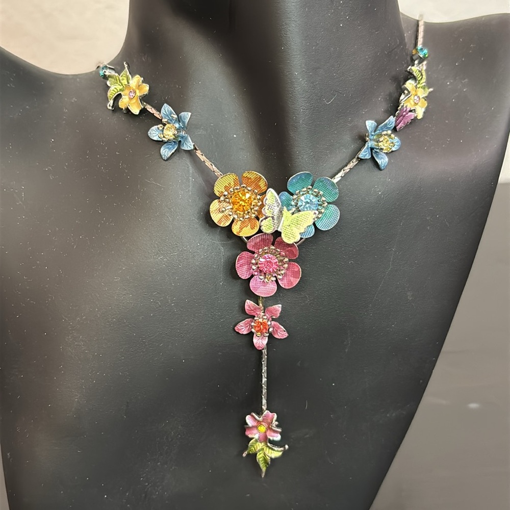 Painted Garden with Flowers & Butterflies Inlaid w/Colored Stone Drop Necklace